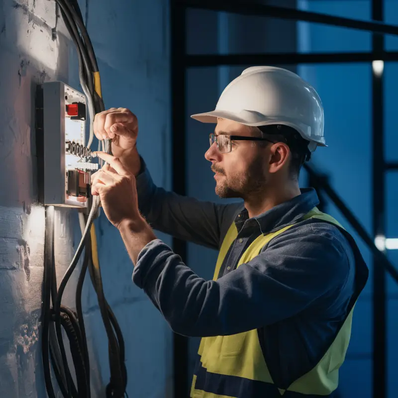 elektryk wykonujący pomiary instalacji elektrycznej w skrzynce bezpieczników